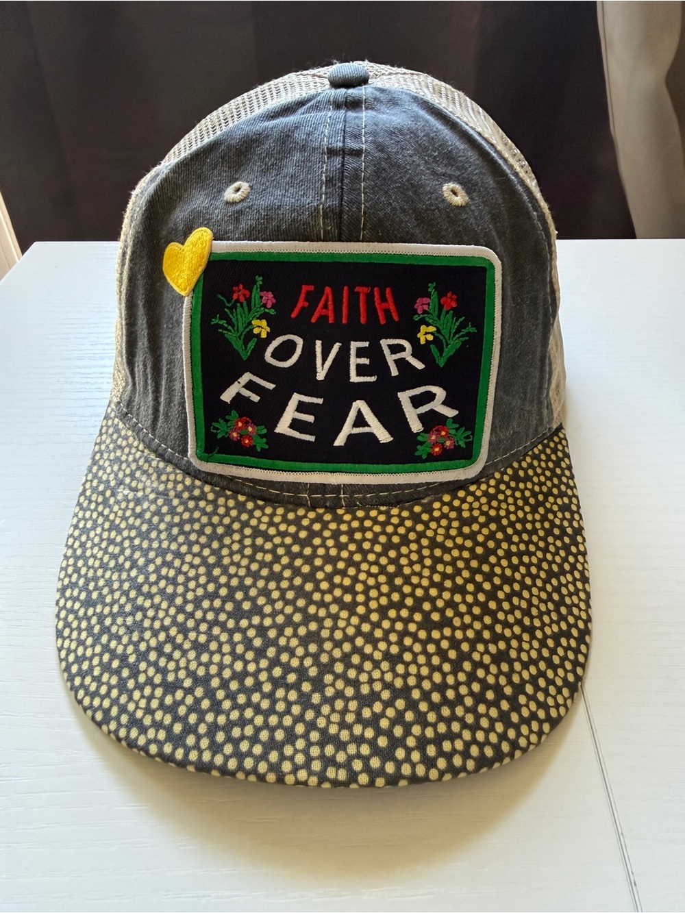 Faith Over Fear Trucker Patch Hat Cap Grey Yellow Accent Adjustable Mesh SnapBac